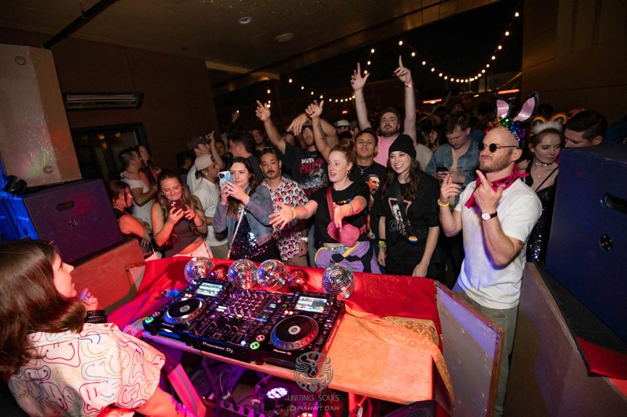 Crowd with hands up during an AshWave set